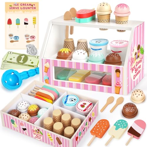 Dreamon Eisdiele Kinder Holz, Kaufladen Zubehör Montessori Spielzeug, EIS Holzspielzeug mit Spielgeld Münze, Eisladen Kinder Rollenspiele Geschenk 3 4 Jahre Mädchen Junge (Eisdiele Plus) von Dreamon