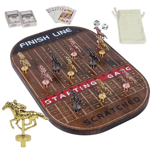 Horse Race Board Game Racing Game Thickened Solid Wood with 11 Luxurious Durable Classic Metal Horses with 4 Dice and 2 Boxes of Cards Horse Racing Game Wooden (Flame) von Dreamplay Gifts