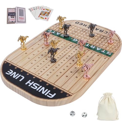 Horse Race Board Game Racing Game Thickened Solid Wood with 11 Luxurious Durable Classic Metal Horses with 4 Dice and 2 Boxes of Cards Horse Racing Game Wooden (Log) von Dreamplay Gifts