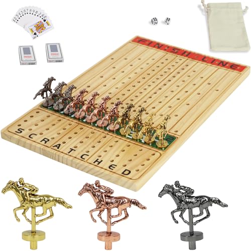 Horse Racing Board Game Solid Wood Horse Race Card and Dice Board Game Luxury Edition Set with 11 Metal Horses,100 Poker Chips,2 Dices and 2 Boxes of Cards (Log) von Dreamplay Gifts