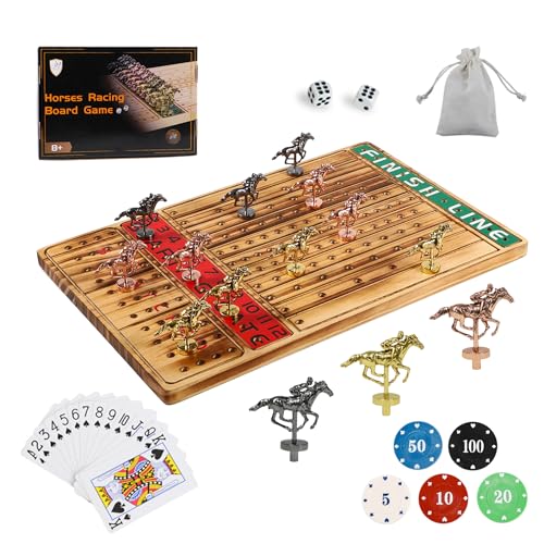 Horse Racing Board Game Solid Wood Horse Race Card and Dice Board Game Luxury Edition Set with 11 Metal Horses,100 Poker Chips,2 Dices and 2 Boxes of Cards (Mild Flame) von Dreamplay Gifts