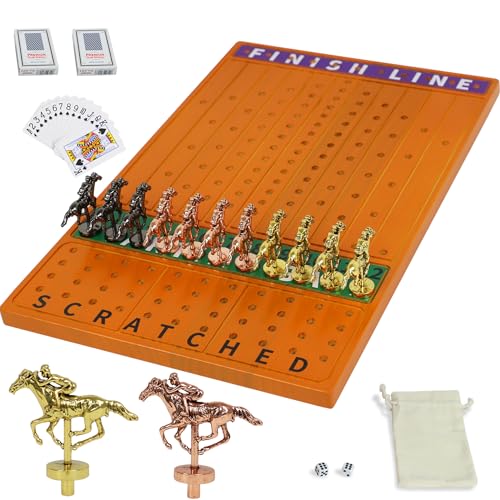 Horse Racing Board Game Solid Wood Horse Race Card and Dice Board Game Luxury Edition Set with 11 Metal Horses,100 Poker Chips,2 Dices and 2 Boxes of Cards (Yellow peach) von Dreamplay Gifts