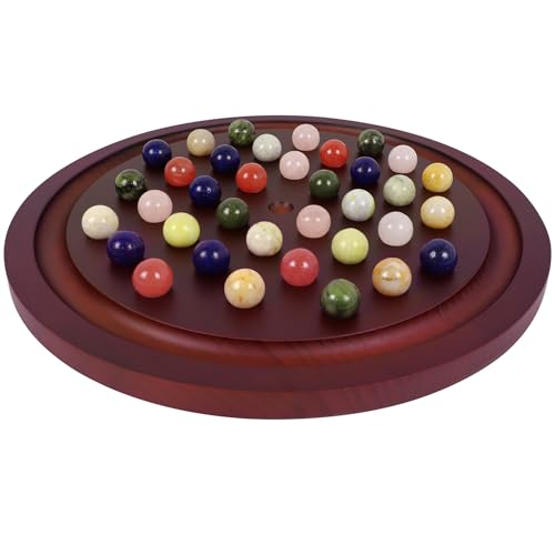 Large Solitaire Game Handmade Solid Wooden Marble Board Game Set with 36 Natural Marble Marbles Classic Thick Round Board Games for Adults Game Night (large, red walnut) von Dreamplay Gifts