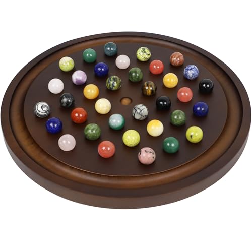 Large Solitaire Game Handmade Solid Wooden Marble Board Game Set with 36 Natural Marble Marbles Classic Thick Round Board Games for Adults Game Night (small, walnut) von Dreamplay Gifts