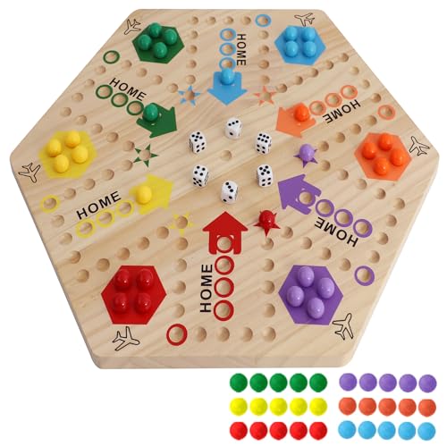 Original Marble Game Wahoo Board Game Double Sided Painted Wooden Fast Track Board Game for 6 and 4 Players 6 Colors 24 Marbles 6 Dice for Family Friends (Large) von Dreamplay Gifts