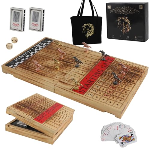 Dreamplay Gifts Wooden Finish Line Horse Racing Board Game Equipped with 11 Luxury Metal Craft Horses Adult Chessboard Including 2 Sets of Dice and 2 Boxes of Cards Folding Box (Light Flame) von Dreamplay Gifts