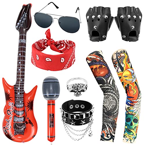 Dreamtop 10 Stück Punker Kostüm Zubehör Punk Gothic Rocker Kit Herren Rock Star Punker Kit 70s 80s 90s Schwermetall Disco Rocker Verkleidung Zubehör Aufblasbare Mikrofongitarre Rocker Kit Herren Damen von Dreamtop