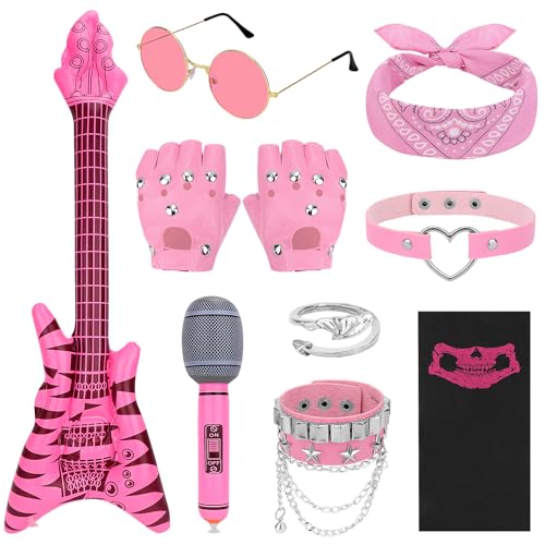 Dreamtop 10 Stück Rosa Punker Kostüm Zubehör Gothic Rocker Kit: Herren Damen Rock Star Punker Kit Aufblasbare Mikrofongitarre Rocker Kit von Dreamtop