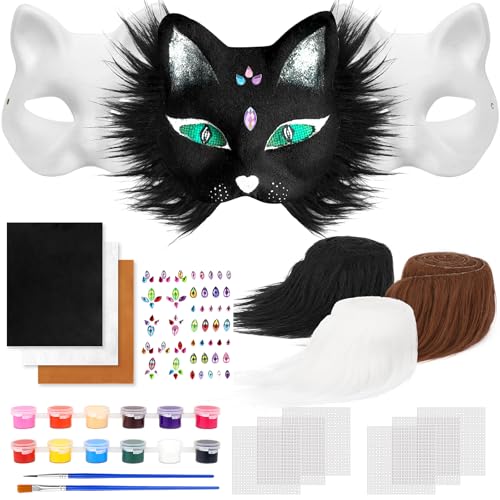 Dreamtop 20 Stück Therian Katzenmaske Mask inklusive Blanker Katzenmaske, Filzstofffolie, Plüsch Kunstfellaugen, Kunststoffnetzfolie, Diamantaufkleber, Pinsel und Farben für Cosplay und Halloween von Dreamtop