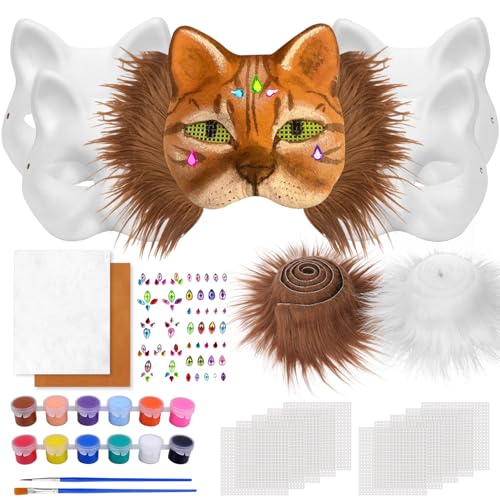 Dreamtop 21 Stück Therian Katzenmaske Mask inklusive Blanker Katzenmaske, Filzstofffolie, Plüsch Kunstfellaugen, Kunststoffnetzfolie, Diamantaufkleber, Pinsel und Farben für Cosplay und Halloween von Dreamtop