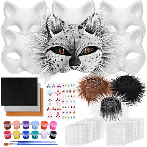 Dreamtop 29 Stück Therian Katzenmaske Mask inklusive Blanker Katzenmaske, Filzstofffolie, Plüsch Kunstfellaugen, Kunststoffnetzfolie, Diamantaufkleber, Pinsel und Farben für Cosplay und Halloween von Dreamtop