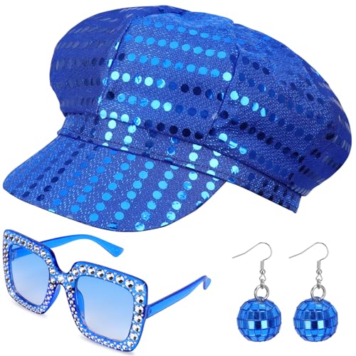 Dreamtop 3 Stück 70er Jahre Paillettenhut Königsblau Disco Hut für Erwachsene Abba Hut 70er Jahre Disco Zubehör mit Pailletten Hut Sonnenbrille Ohrringe Disco Kostüm Set für Frauen Themenparty von Dreamtop