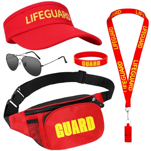 Dreamtop 5 PCS Rettungsschwimmer Kostüm Set Lifeguard Kostüm Baywatch Kostüm mit Einstellbar Rettungsschwimmer Hut Gürteltasche Pfeife Sonnenbrille Armband für Erwachsene Frauen Männer von Dreamtop