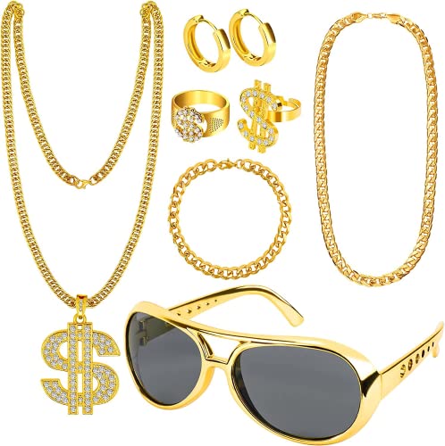 Dreamtop 6 Stück 80er 90er Hip Hop Kostüme Zubehör, 80er Jahre Zubehör für Männer gefälschte Goldkette Geldkette Dollar Zeichen Fingerring Punk Sonnenbrille Rapper Kostüm Zubehör von Dreamtop