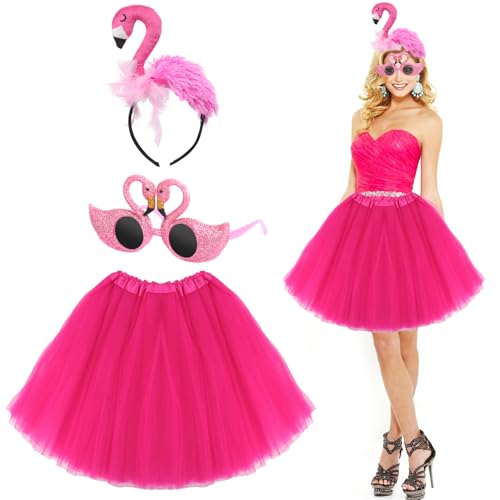 Dreamtop Flamingo Kostüm Damen, Flamingo Haarreif Accessoires Flamingo Rosa Tutu Flamingos Brille, Set Hawaii Party Accessoires Flamingo Themenparty Karneval Fasching Kostüm von Dreamtop