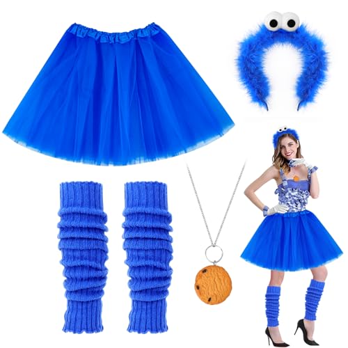 Dreamtop Krümelmonster Kostüm Damen Cookie Haarreif Krümelmonster Haarreif Tutu Rock Halskette Bein Stulpen Krümelmonster Kostüm Accessories für Karneval Fasching Halloween Cosplay von Dreamtop