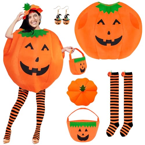 Dreamtop Kürbis Kostüm Erwachsene, 5 Stück Halloween Kürbis Kostüm Erwachsene kürbisanzüge mit Kürbis Hut Süßigkeiten Tasche Ohrringe Overknee Socken für Frauen Halloween Party von Dreamtop