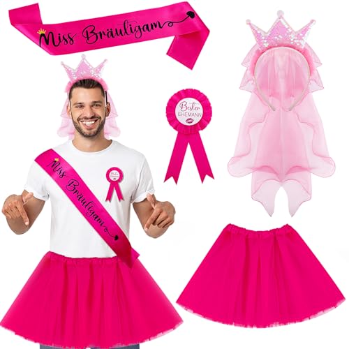 Dreamtop Männer JGA Kostüm Set Junggesellenabschied Männer Rosa Love Brille Schärpe Abzeichen Tütü Herren JGA Schleier Krone Stirnband Herren JGA Party Kostüm Zubehör Männer Hochzeit Deko（5 Stück） von Dreamtop