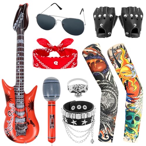 Dreamtop 10 Stück Punk Rockstar Kostüm Gothic Rocker Kostüm Set Rock Star Heavy Metal Zubehör mit Handschuhen Sonnenbrille Bandana Tattoo Ärmel Armband Ring Aufblasbares Gitarre Mikrofon von Dreamtop