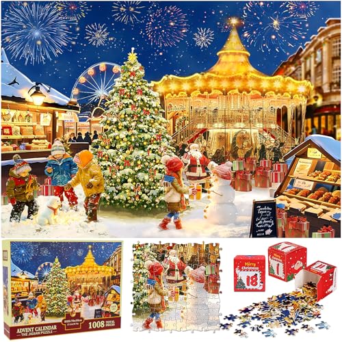 Weihnachtspuzzle Adventskalender 2024, Dreamtop 24 Boxen 1008 Teile Weihnachten Adventskalender Puzzle für Erwachsene Weihnachten Countdown Kalender Geschenk Dekorationen für Frauen Männer von Dreamtop