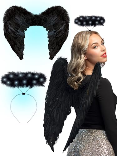 Damen Halloween Gefallener Engel Kostüm, Damen Dark Angel Fairy Schwarz Federflügel + Leuchtendes schwarzes Halo Stirnband für Cosplay Halloween Weihnachten Party Karneval Cosplay Verkleidung von Dreamzfit