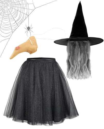 Damen Hexen oder Zauberer Outfit, Schwarzer Hexenhut mit grauem Haar + Hexennase + Schwarzer Tutu Rock - Halloween Tag der Toten Spitzer Hexenhut - Verkleidung Karneval Zubehör von Dreamzfit