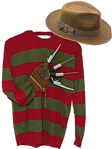 Dreamzfit Albtraum auf ELM Street Halloween-Kostüm für Herren, Horror-Kostüm, gruseliges Kostüm für Erwachsene, grün und rot gestreift, Pullover, Hut und Krallenhandschuh, Freddy Krueger, von Dreamzfit