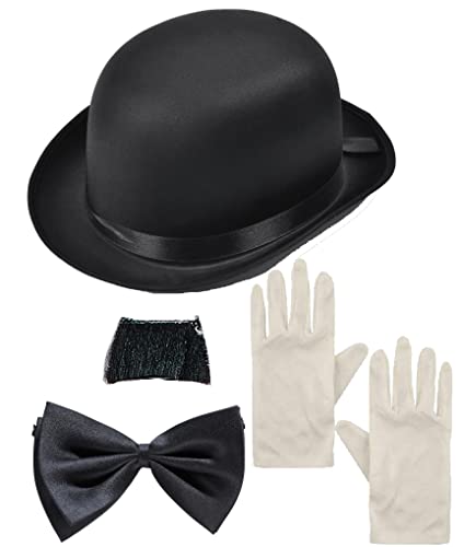 Dreamzfit Charlie Chaplin Kostüm-Set für Erwachsene, Motiv: Stille Filmfigur, schwarzer Bowler-Hut, Charlie Musache, schwarze Fliege und weiße Handschuhe, 1920er-Jahre-Stern, Junggesellenabschied, von Dreamzfit