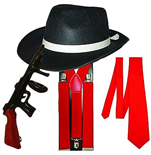 Dreamzfit - Erwachsene Al Capone 1920er MOB Gangster Kostüm Set ~ Hut Hosenträger Krawatte & Aufblasbare Tommy Gun - Mottoparty Mafia Godfather Pimp Gatsby Herren Outfits (Rot) von Dreamzfit