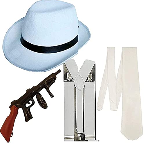 Dreamzfit - Erwachsene Al Capone 1920s MOB Gangster Kostüm Set ~ Hut, Hosenträger, Krawatte & aufblasbare Tommy Gun – Mottoparty Mafia Patenvater Pimp Gatsby Herren Outfits (weiß) von Dreamzfit