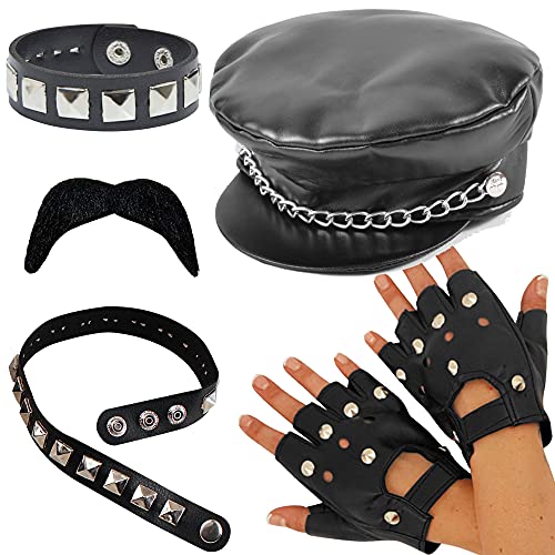 Dreamzfit - Erwachsene Biker Rocker Steampunk Kostüm Set ~ Biker-Kappe, Handschuhe, Nieten-Choker, Armband und falscher Schnurrbart, perfekt für Goth Punk Biker Gang 80er Jahre Pop Rock Star von Dreamzfit