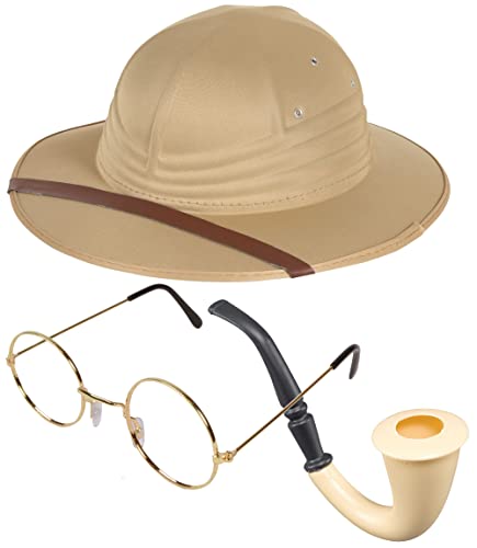 Dreamzfit Erwachsene Explorer Safari Pith Helm Hut Runde Rahmen Brille & Fake Smoking Pipe für Männer & Frauen Dschungel Safari Abenteurer Entdecker Jäger Reisende Kostümzubehör Beige Einheitsgröße von Dreamzfit