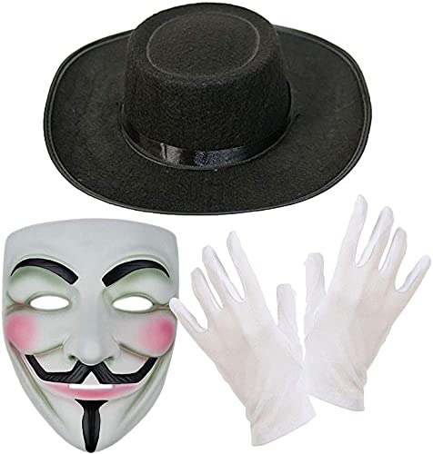 Dreamzfit - Erwachsene Halloween Anonymous Guy Fawkes Hacker ~ V für Vendetta Weiß Gruselige Maske Schwarz Hut & Handschuhe Horror Purge Party Verkleidung Kostüm von Dreamzfit