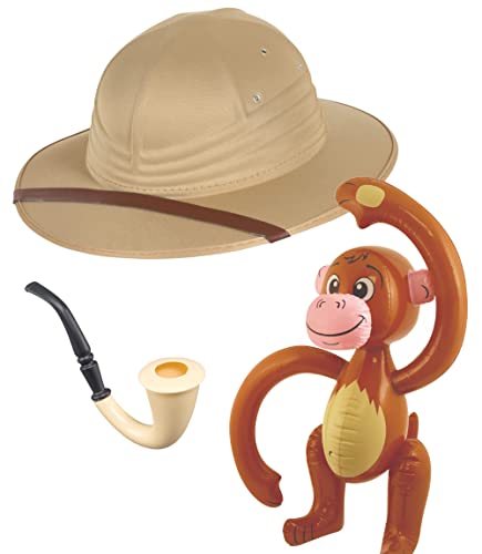 Dreamzfit - Erwachsene Safari Pith Helm Hut Kostüm Zubehör Set ~ Dschungel Safari Hut, Rauchpfeife Requisite & Aufblasbarer Affe für Männer & Frauen Entdecker Jäger Abenteurer Traveler, Beige von Dreamzfit