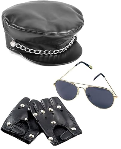 Dreamzfit - Erwachsenenkostüm-Set für Erwachsene, Steampunk, 1980er-Jahre-Motto-Party, Karneval, Cosplay, YMCA Outfit, Easy Rider, Biker, Rocker, Punk, 3-teiliges Set (Kappe + Handschuhe + Brille) von Dreamzfit