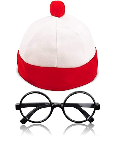 Dreamzfit - Erwachsene Unisex Rot Weiß Bommelmütze & Nerdbrille Find Me Buch Charakter Zubehör Weltbuchwoche Tag Kostüm von Dreamzfit