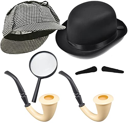 Dreamzfit - Erwachsenenkostüm im viktorianischen Stil, Detektiv- und Assistentenkostüm, Zubehör, 6-teiliges Set, Sherlock Holmes Secret Agent Outfits, Grau/Schwarz, Einheitsgröße von Dreamzfit