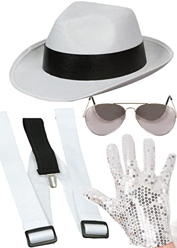 Dreamzfit - Erwachsenen-Kostüm King of Pop Michael Jackson Rockstar Dance Gangster Cosplay Kostüm, weißer Fedora-Hut + weiße Hosenträger + Paillettenhandschuh + Fliegerschirme, Erwachsene One Suize von Dreamzfit