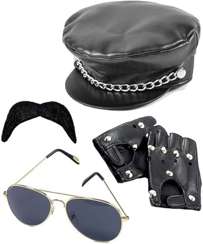 Dreamzfit - Herren 80er Jahre Punk Biker Kostüm Accessoires Schwarz Biker Cap mit Kette, Fliegerbrille, Biker Handschuhe & Schnurrbart - Steampunk YMCA Karneval Cosplay Mottoparty Verkleidung von Dreamzfit