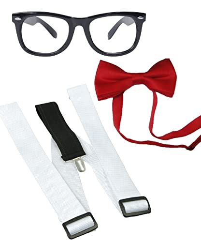 Dreamzfit - Herren Damen Geek Nerd Kostüm - Rote Fliege + weiße Hosenträger + Geek Brille ~ Retro Stil Junggesellenabschied Cosplay Motto Party Verkleidung Zubehör von Dreamzfit