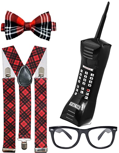 Dreamzfit Herren Damen Rot Tartan Nerd Geek Kostüm Junggesellenabschied Cosplay Verkleidung Zubehör Set Nerd Brille + Rot Tartan Hosenträger + Fliege + Aufblasbares Telefon von Dreamzfit