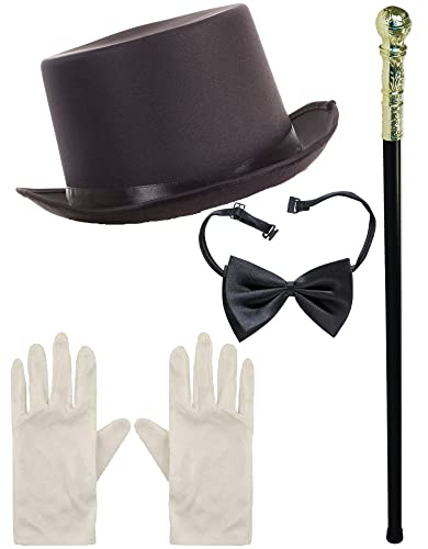 Dreamzfit Schokoladenfabrikbesitzer für Erwachsene, schwarzer Zylinder, goldener PIMP-CANE/STICK, schwarze Fliege und weiße Handschuhe, viktorianischer Stil, Gentleman, Arbeitsbuchwoche, von Dreamzfit