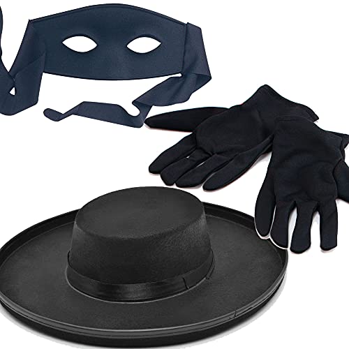 Dreamzfit - Schwarzer Bandit Zorro Filzhut, Augenmaske und schwarze Handschuhe | Super Hero Bösewicht Spanischer Assassin Dieb Junggesellenabschied Kostüm Set von Dreamzfit