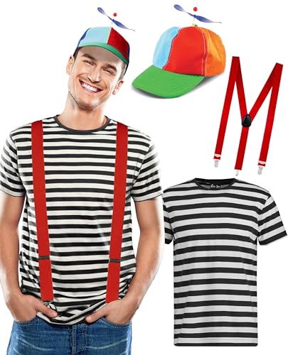 Dreamzfit - Tweedle Dee und Tweedle Dum Kostüm für Erwachsene ~ Herren Alice im Wunderland Buchwoche Fasching Set - Streifen T-Shirt Hubschrauber Mütze & Rote Hosenträger (L) von Dreamzfit