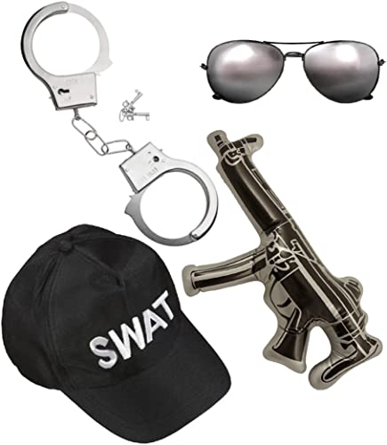 Dreamzfit - Unisex-Kostümzubehör für Erwachsene, Polizisten, Party-Kostüm, SWAT-Kappe, Handmanschetten, Aviator-Stil, Brille + aufblasbare Maschinenpistole, Schwarz von Dreamzfit