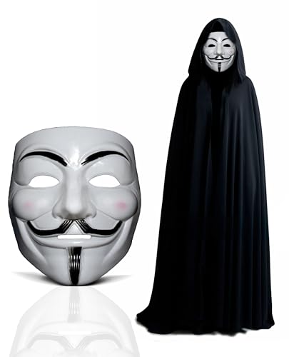 Dreamzfit - V for Vendetta Guy Fawkes Fancy Dress Costume Kit | Anonymous Hacker Mask + Black Hooded Cape for Adult Unisex Halloween Carnival Party Dress Accessory von Dreamzfit