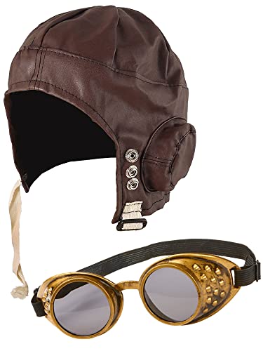 Erwachsene Unisex Aviator Pilot Biggles Hut + Bronze Steampunk Brille – 1940er Jahre Kriegszeit Opa Great Escape Pilot Luftfahrt Kostüm Kit, braun, Einheitsgröße von Dreamzfit