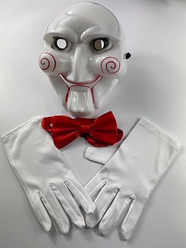 Halloween-Kostüm für Erwachsene, Unisex, Sägemaske + rote Fliege + weiße Handschuhe ~ Billy The Puppet Scary Purge Cosplay Motto-Party Fancy Dress Outfit von Dreamzfit