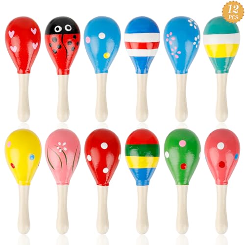 12 Stück Maracas aus Holz, Hölzerne Maracas für Kinder, Holzrassel Baby Musikinstrument, farbig Mini Maraca Shaker Kinder, Naturholz Maracas Klapper für Musikalische Früherziehung, Schule, Party von Drepint