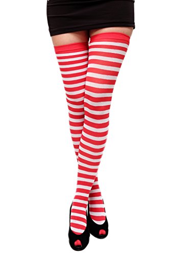 DRESS ME UP - W-001-red Karneval Fasching Cosplay Strümpfe Overknee Kniestrümpfe Ringelstrümpfe Girly Rot Weiß von DRESS ME UP